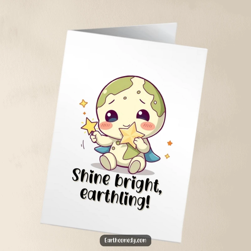 Funny Free Printable Birthday Card: Earth character playfully interacting with a bright, sparkling star accessory for a birthday wish.