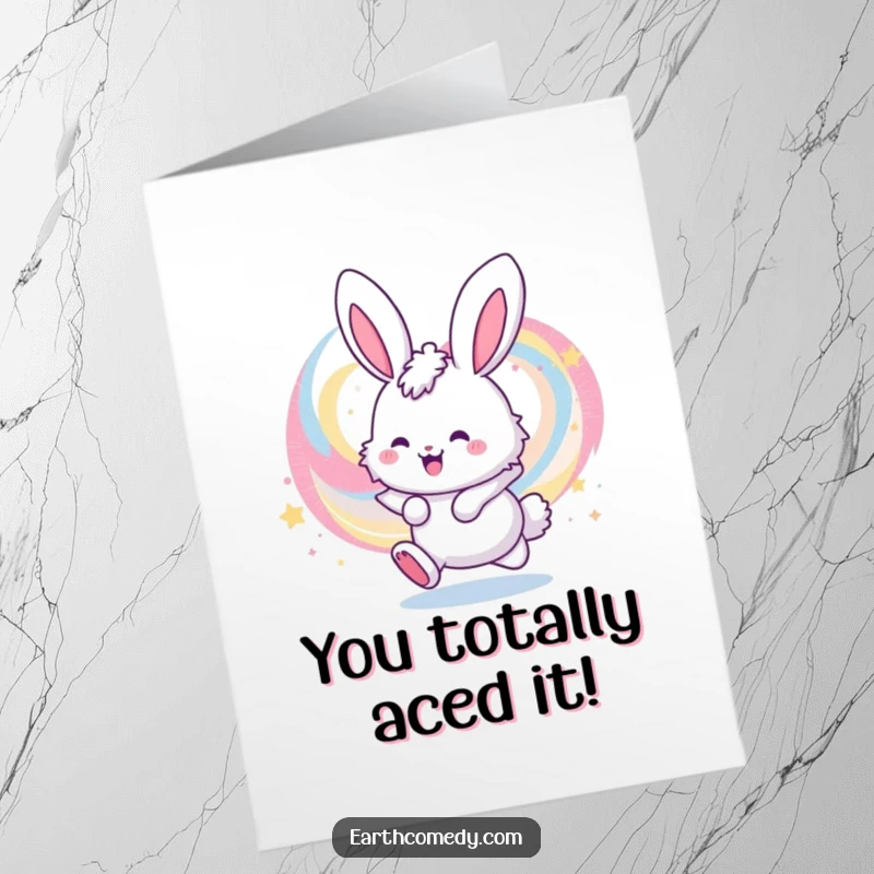 Funny Free Printable Congratulations Card, a fluffy bunny hops near a colorful galaxy, celebrating success among the stars.