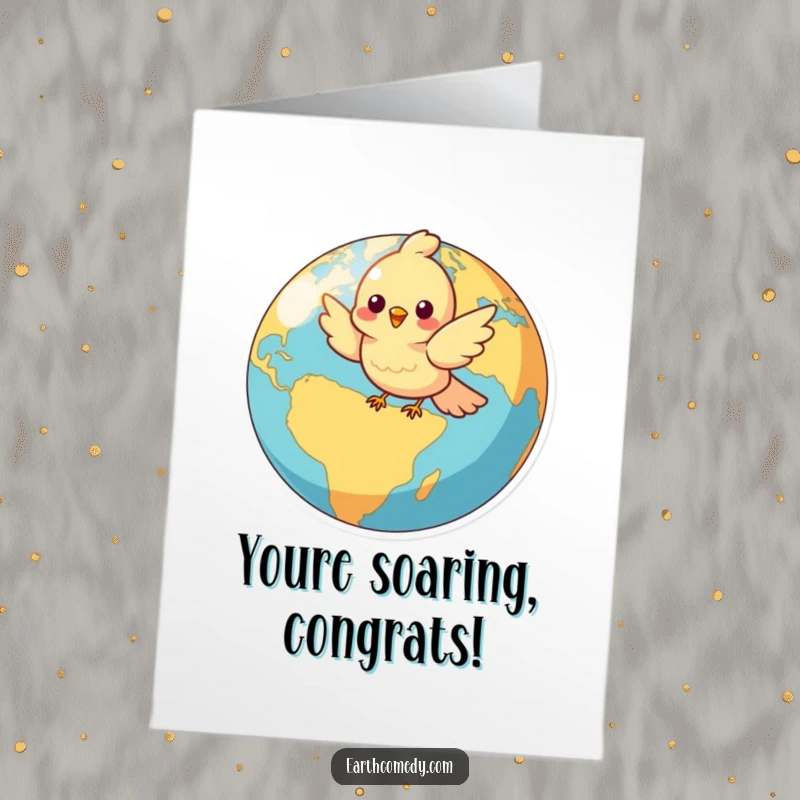 Funny Free Printable Congratulations Card: A happy bird gracefully circling a bright globe, celebrating achievements.