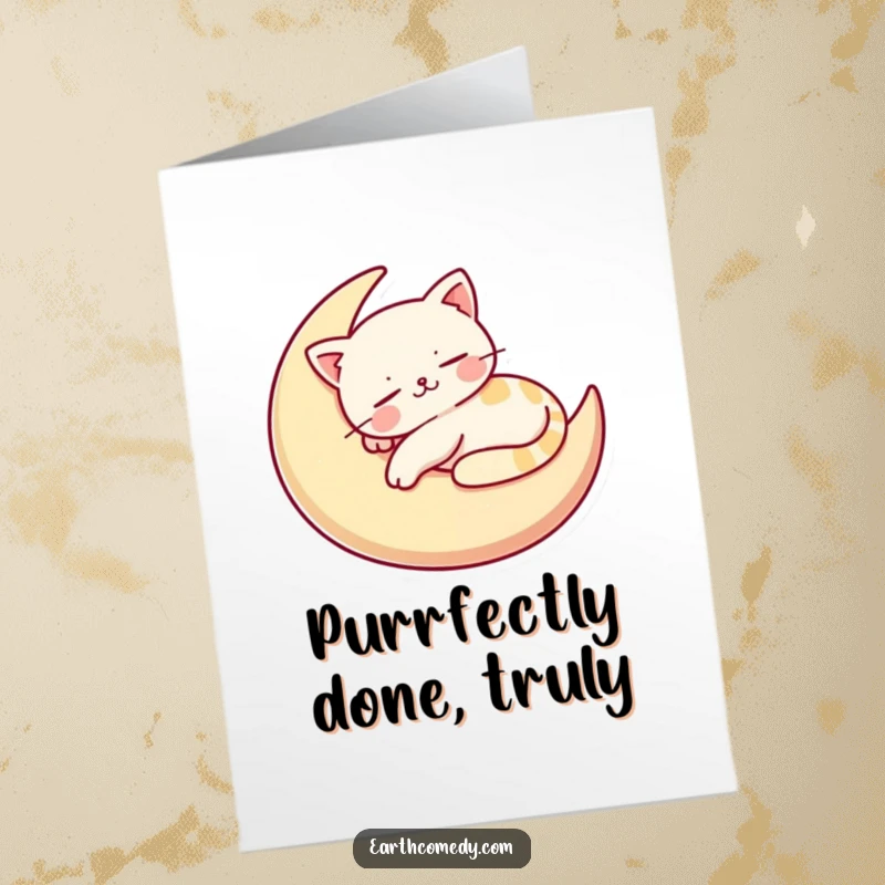 Funny Free Printable Congratulations Card, a content cat snoozes on a moon cushion, celebrating quiet achievements.