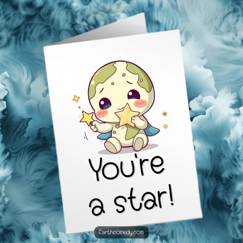 Funny Free Printable Congratulations Card: Earth character joyfully playing with a dazzling, sparkling star accessory, celebrating achievement.
