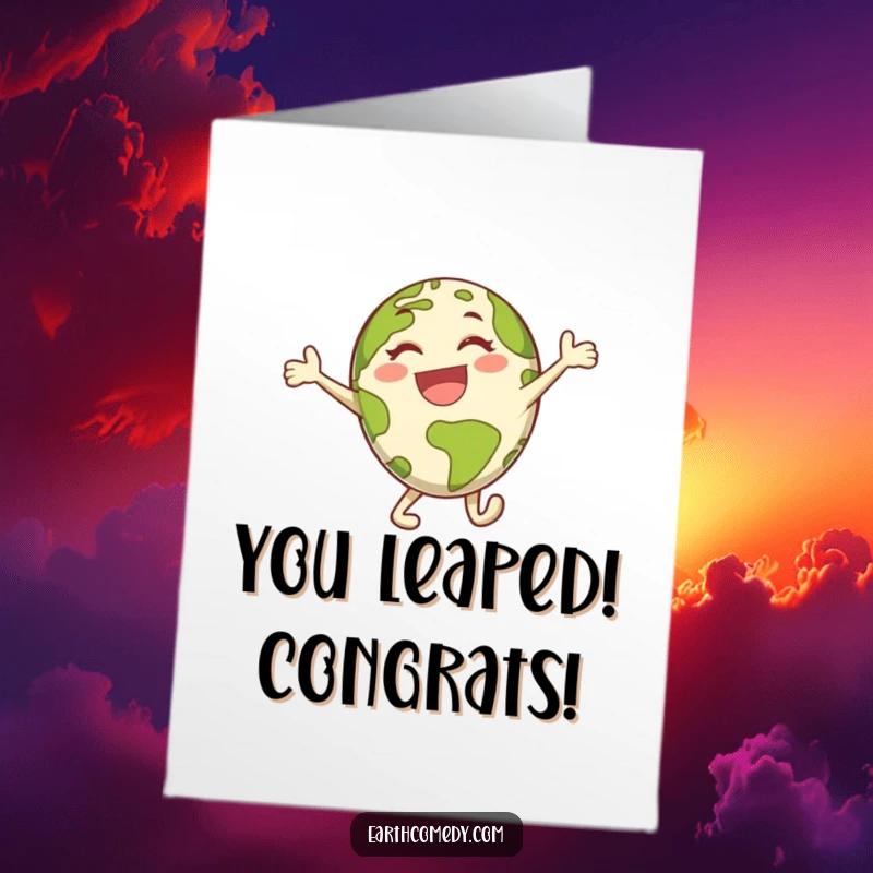 Funny Free Printable Congratulations Card: Energetic Earth character performing a triumphant leap, celebrating a fantastic achievement with glee.