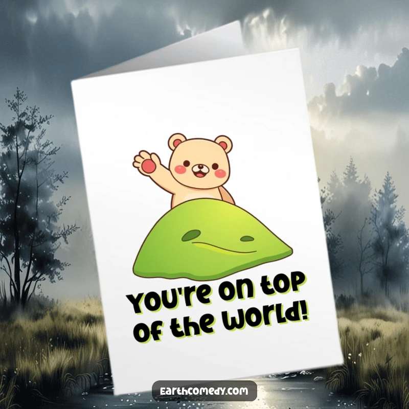 Funny Free Printable Congrats Card: A smiling bear waves from a green hill, congratulating success.