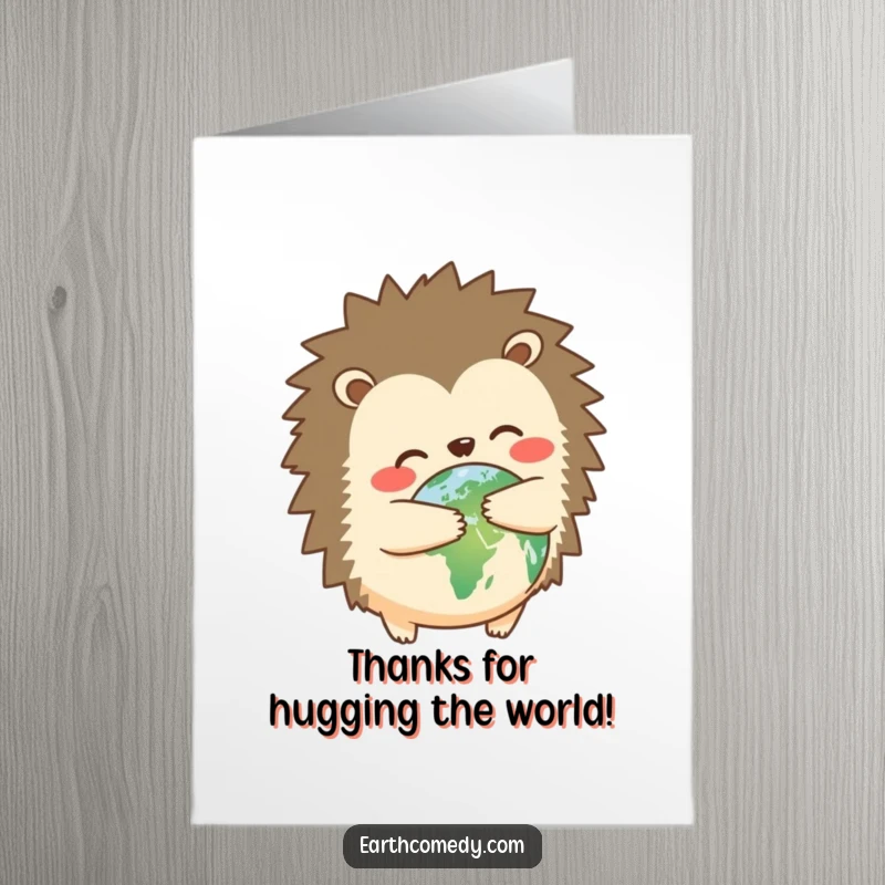 Funny Free Printable Thank You Card: A hedgehog hugs planet Earth, expressing heartfelt thanks.