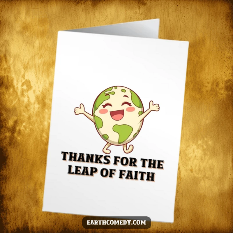 Funny Free Printable Thank You Card: Energetic Earth character doing a joyful leap, sending thanks with boundless enthusiasm.