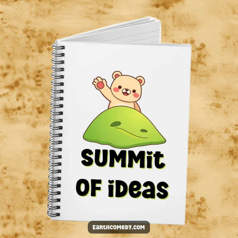 Funny bear earth welcoming notebook featuring a smiling bear waving from a hill on Earth, ideal for notes and journaling with humor, a funny gift.
