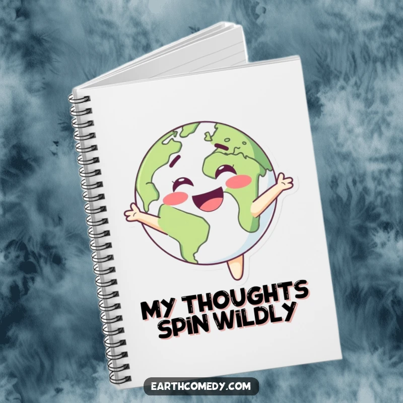 Funny Earth notebook with a planet character spinning with delight, perfect for jotting down happy thoughts.