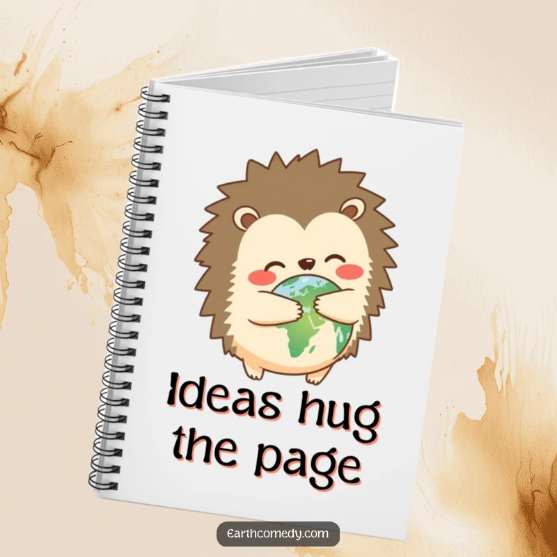Funny hedgehog earth hugger notebook featuring a cute hedgehog hugging planet Earth, ideal for notes and journaling with humor, a funny gift.