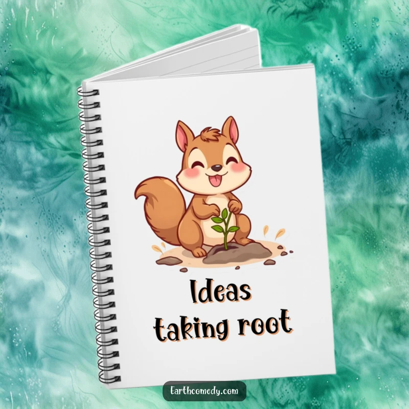 Funny notebook with a joyful squirrel gardener character planting a seedling, ideal for nature-themed notes.