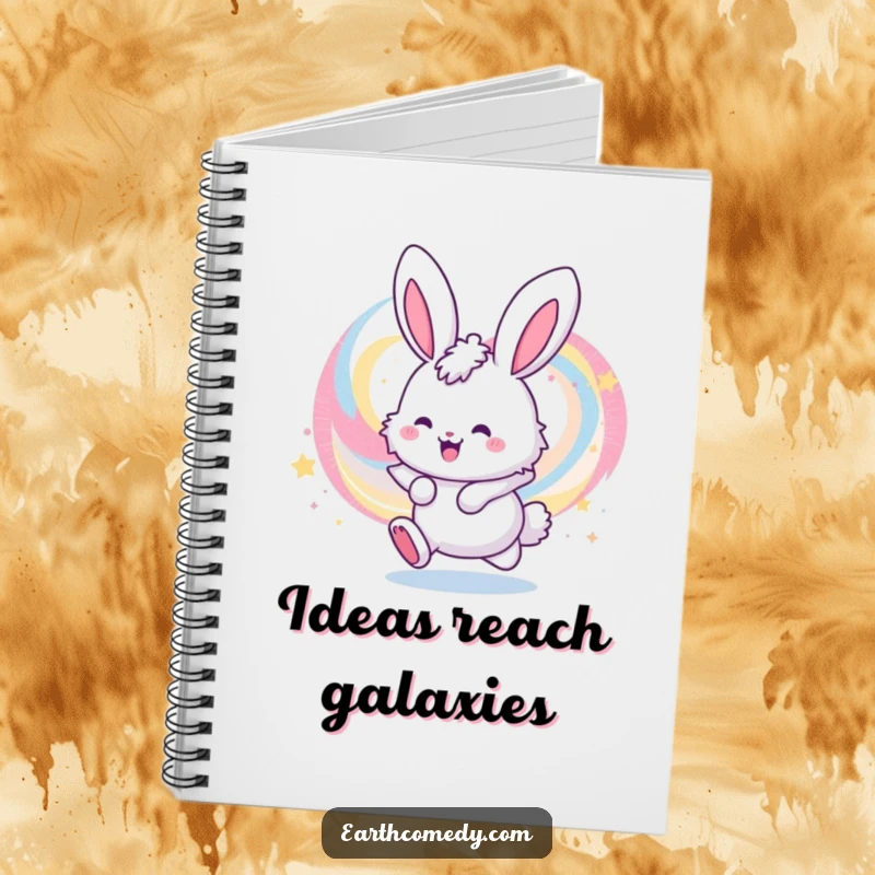 Funny notebook with a cheerful, fluffy bunny character bouncing in a colorful, swirling galaxy, perfect for capturing cosmic thoughts.