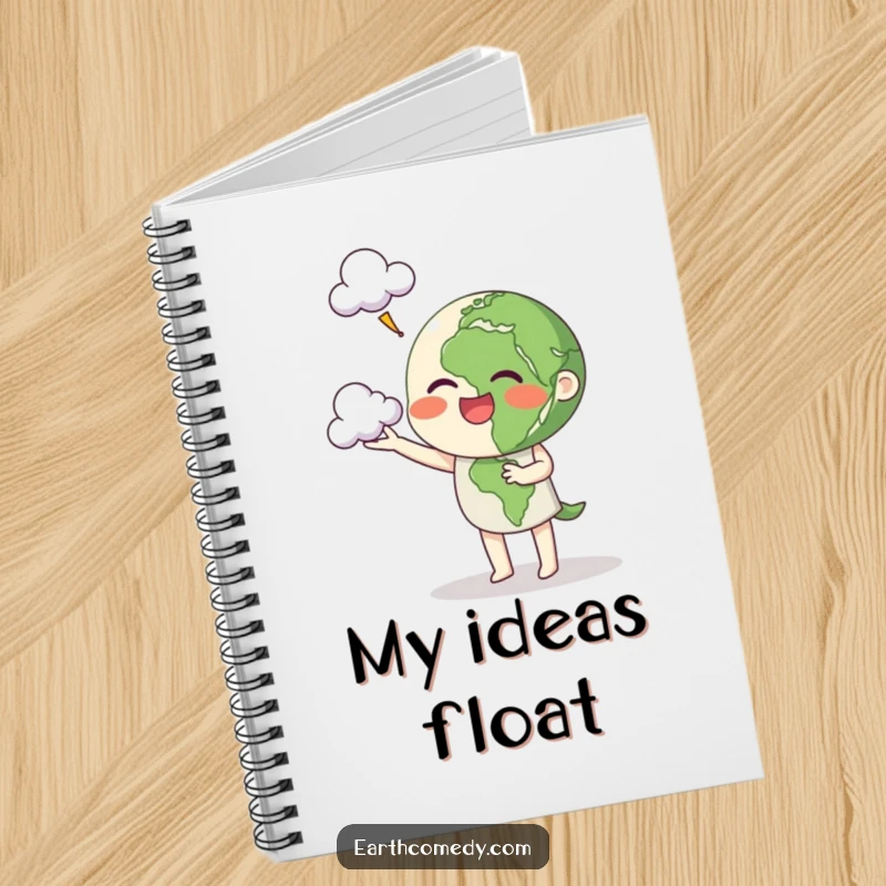 Funny Earth notebook with a planet character cheerfully juggling clouds, perfect for jotting down lighthearted ideas.
