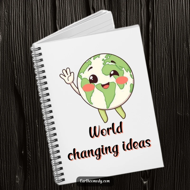 Funny Earth character on a notebook cover, waving enthusiastically, a happy way to take notes.