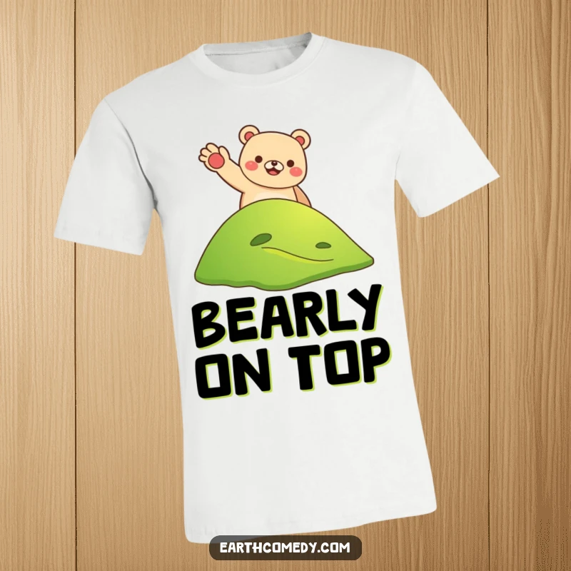 Funny bear earth welcoming t-shirt with a smiling bear waving from a hill on Earth, humorous and adventurous apparel, a funny gift.