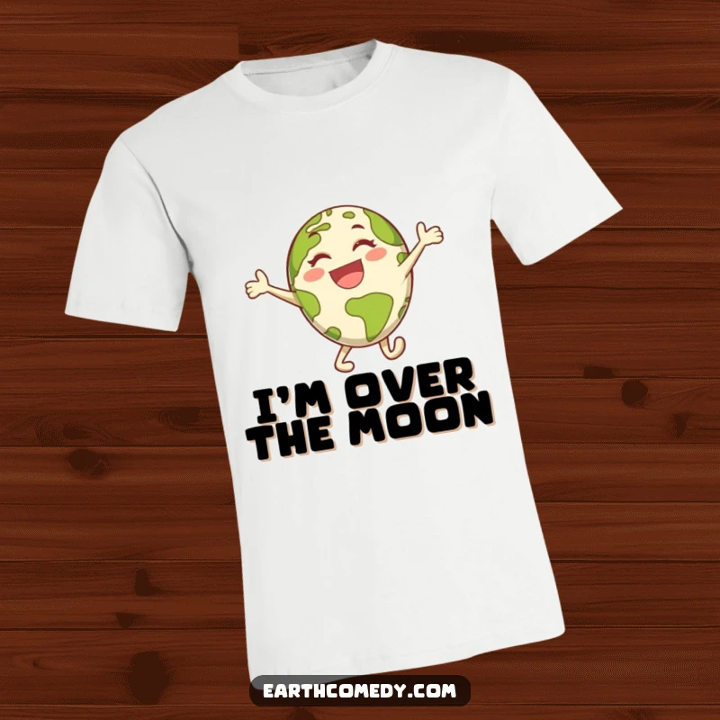 Funny Earth t-shirt showcasing an energetic planet character performing a jubilant leap, full of life and humor.