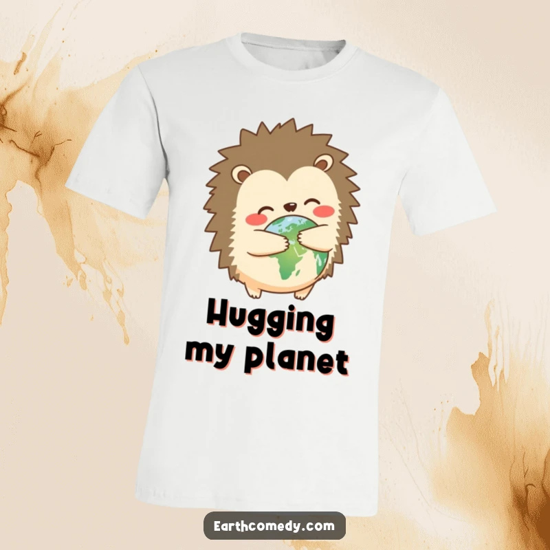 Funny hedgehog earth hugger t-shirt featuring a cute hedgehog hugging planet Earth, adorable and humorous apparel, a funny gift.