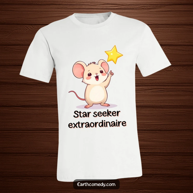 Funny t-shirt of a playful, round mouse character enthusiastically pointing at a brilliant shining star, perfect for goal-getters.