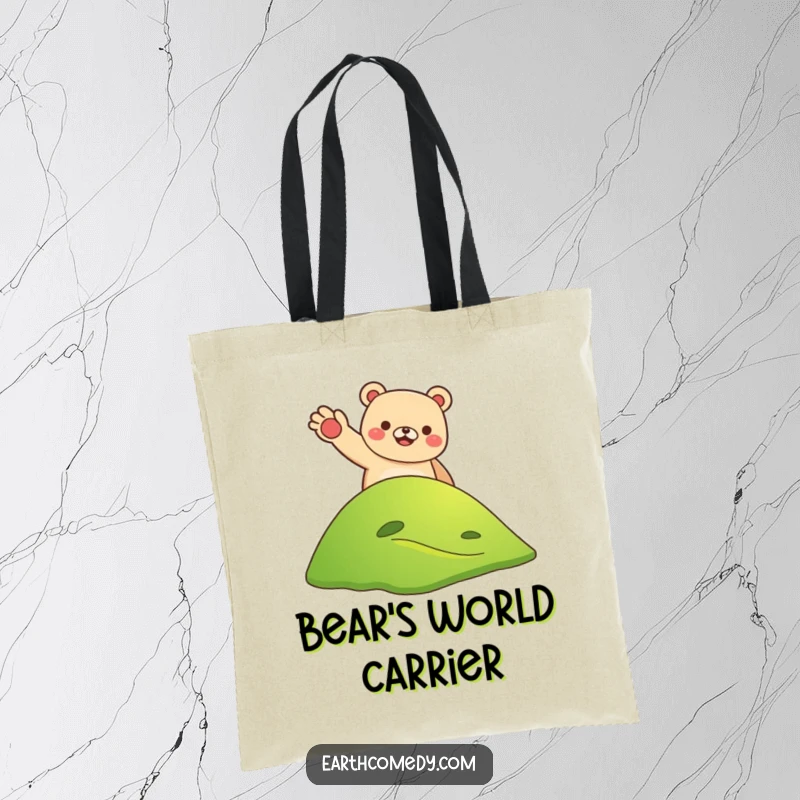 Funny bear earth welcoming tote bag with a smiling bear waving from a hill on Earth, practical and humorous for travelers, a funny gift.