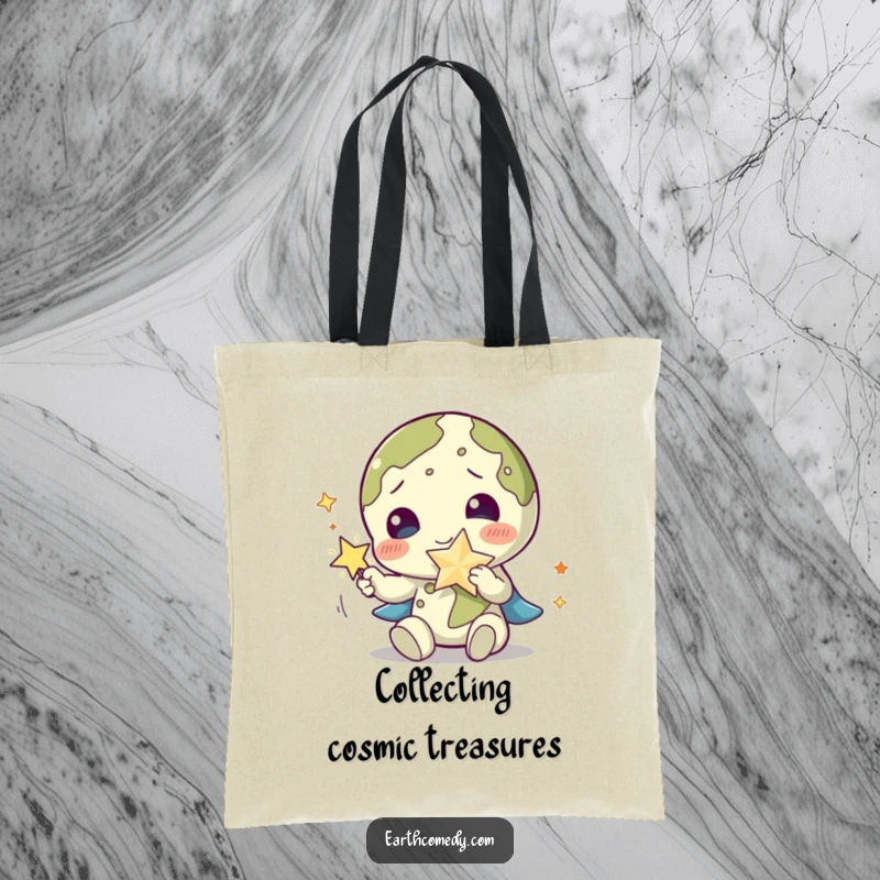 Funny Earth tote bag showcasing a happy planet character playing with a shimmering star accessory, perfect for cosmic style.