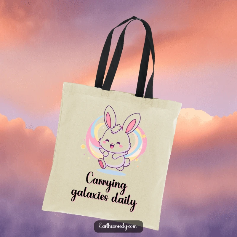 Funny tote bag depicting a cheerful, fluffy bunny character mid-bounce against a backdrop of a stunning, colorful swirling galaxy.