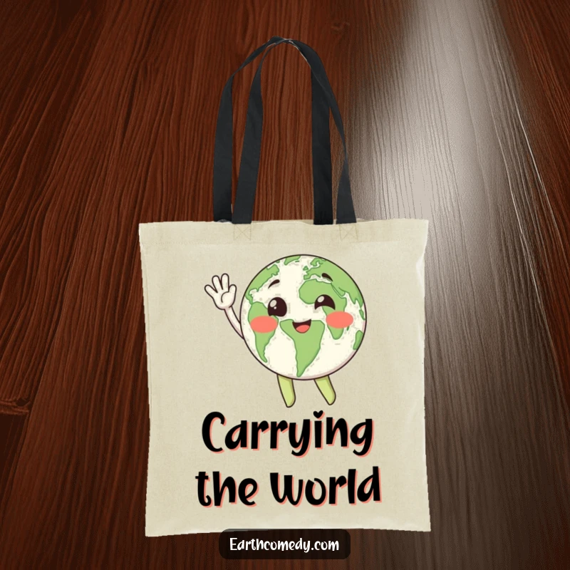 Funny tote bag featuring a happy Earth character waving enthusiastically with its continents, perfect for carrying items.