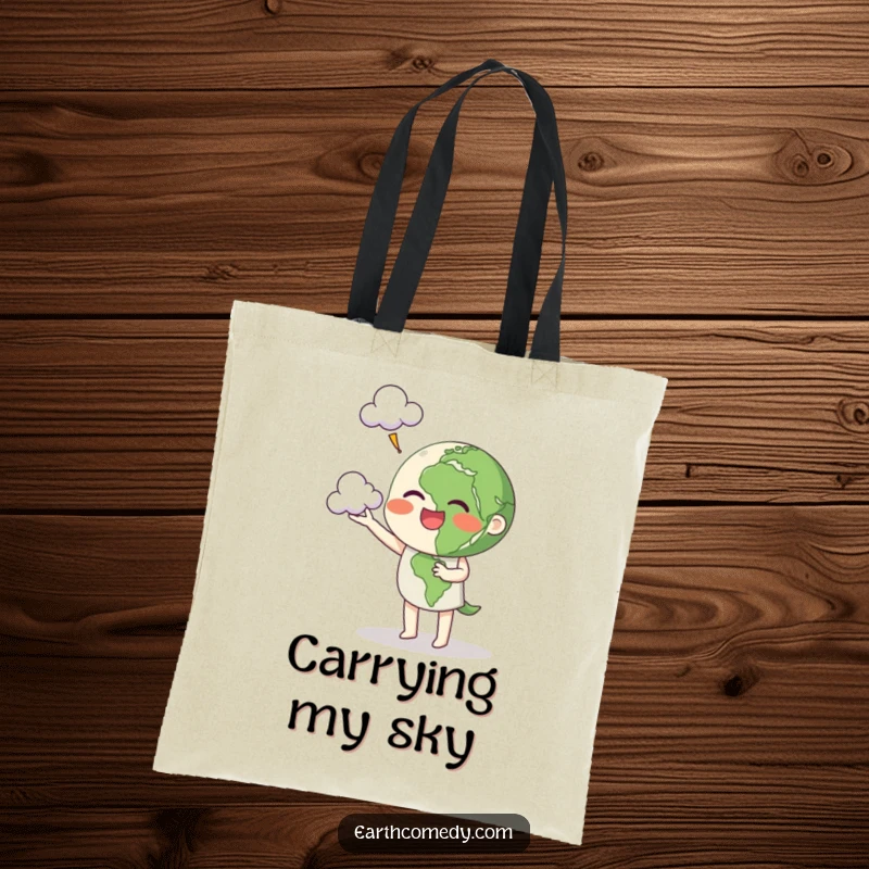 Funny Earth tote bag with a cheerful planet character juggling clouds, symbolizing lightheartedness and fun.