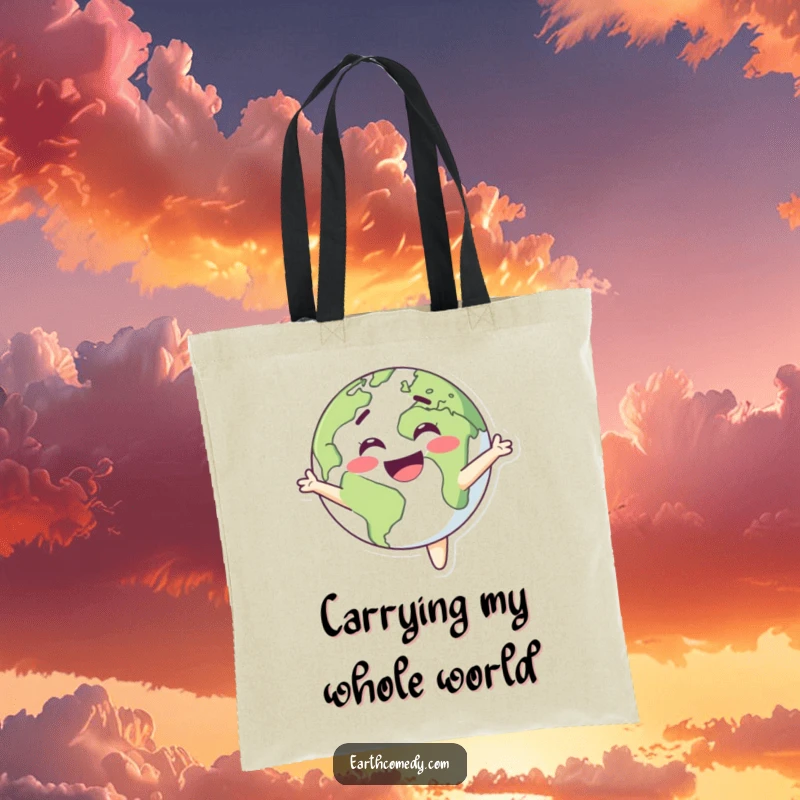 Funny Earth tote bag with a smiling planet character spinning with delight, symbolizing pure happiness and fun.