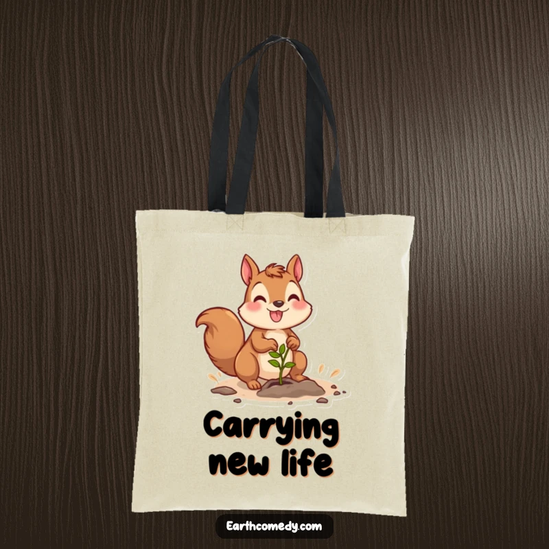 Funny tote bag with a joyful squirrel character planting a seedling, perfect for carrying gardening supplies.