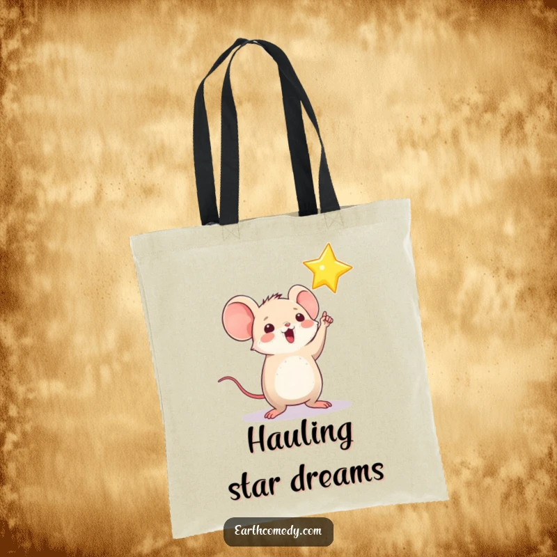 Funny tote bag with a playful, round mouse character pointing enthusiastically towards a bright, shining star, symbolizing achievement.